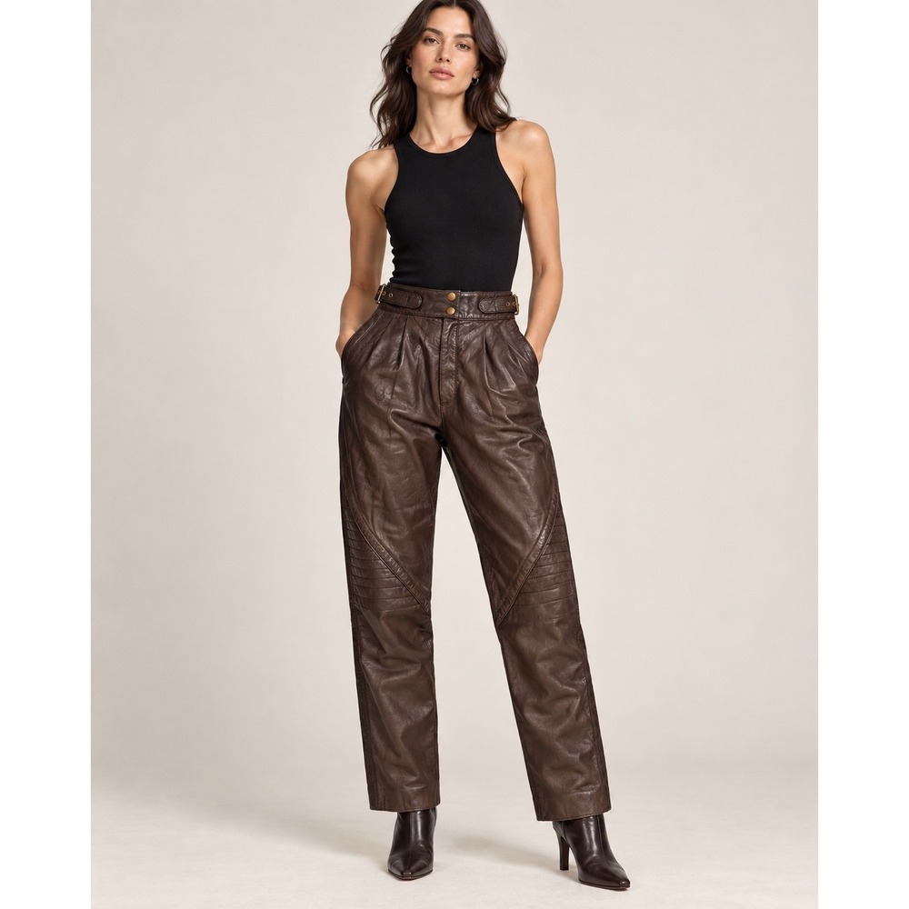 Vtg Escada Moto Pants Womens SM 25" Dark Brown Lambskin Leather Quilted Germany